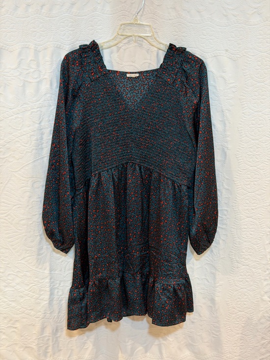 JODIFL Dresses & Skirts - JODIFL Teal Long Sleeve Smocked Mini Dress with Rust Spots